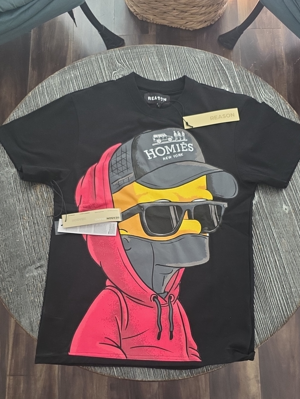 Reason Mens Black Tee with Pink Hoodie & Yellow Face Graphic